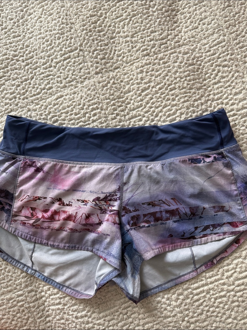 lululemon athletica Speed Up Navy Waistband Shorts with Lavender and Pink Print